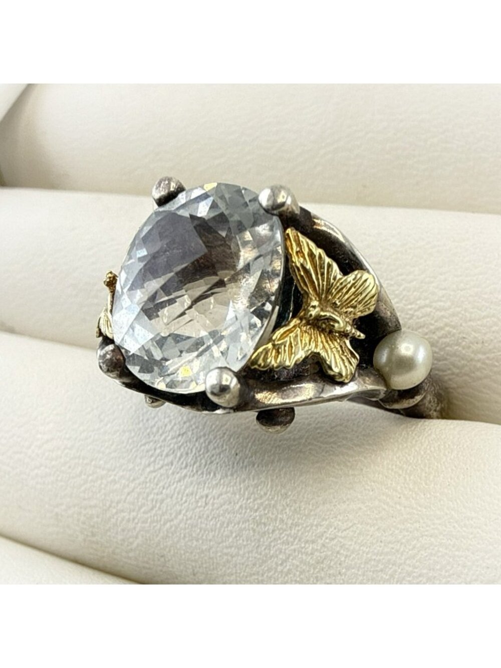 Ann King Ring Butterfly Pearl White Topaz Sterling Silver 18k Yellow Gold Size 7